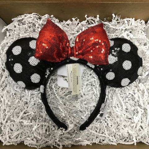 Ear Headband: Minnie Mouse White Polka Dot Sequin